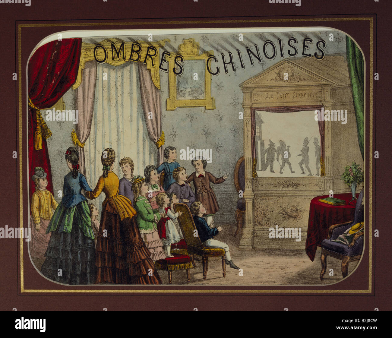 Theater, Schattenspiel, "Ombres chinoises", Gemälde auf einer Kiste, Frankreich, Ende des 19. Jahrhunderts, Münchner Stadtmuseum, Stockfoto