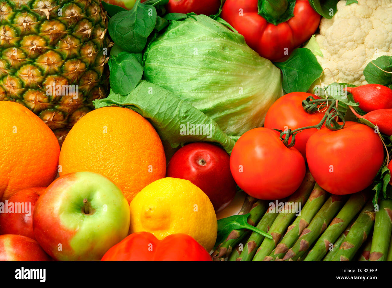 Dies ist eine Nahaufnahme von Obst und Gemüse Stockfoto