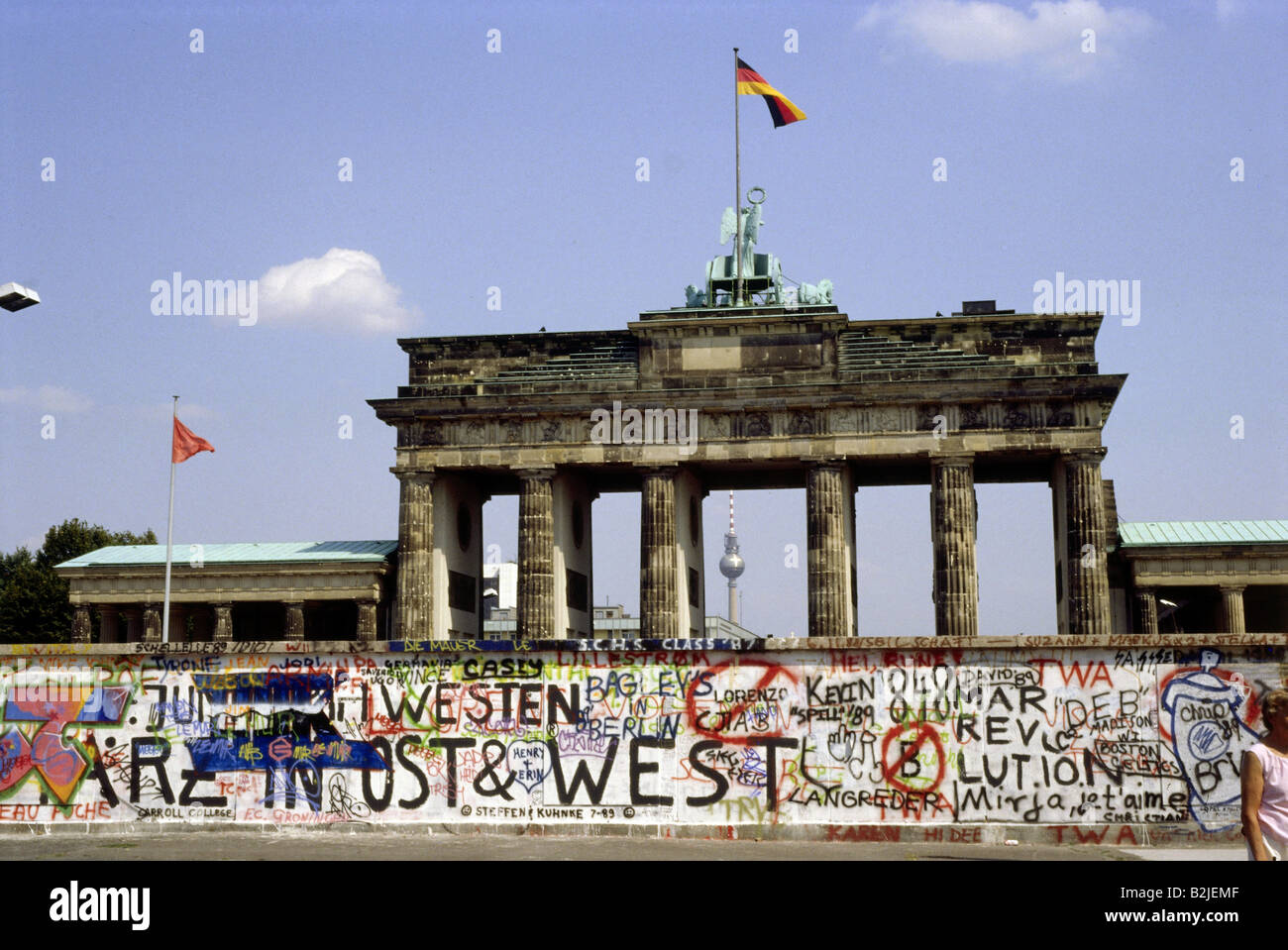 Geographie/Reise, Deutschland, Städte, Berlin, Brandenburger Tor, Berliner Mauer, Graffiti, Westteil, Sommer 1989, Stockfoto