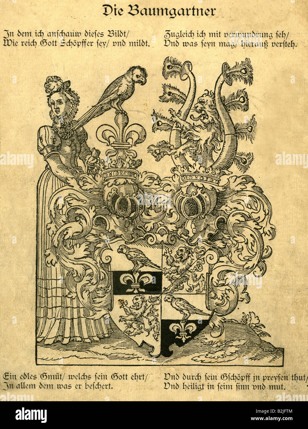 Heraldik Wappen Deutschland Familie Baumgartner Kupferstich 16 Jahrhundert Wappen Anhanger Helm Lowe Papagei Lilie Historisch Historisch Menschen Stockfotografie Alamy