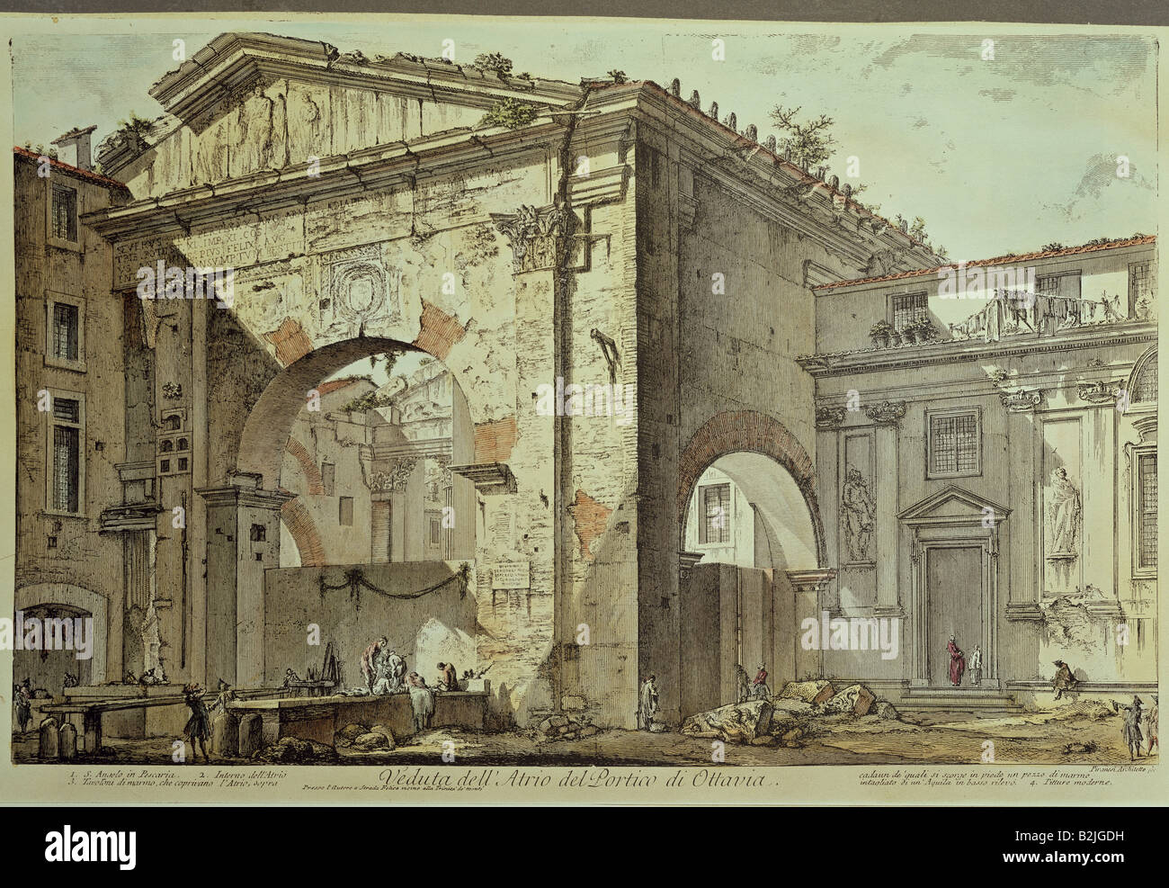 Geographie/Reisen, Italien, Rom, Gebäude, 'Blick Porticus Octavia", Kupferstich, farbig, von Giovanni Battista Piranesi (1720 - 1778), aus der Serie "Vedute di Roma", Italien, 1773, Privatsammlung, Artist's Urheberrecht nicht geklärt zu werden. Stockfoto