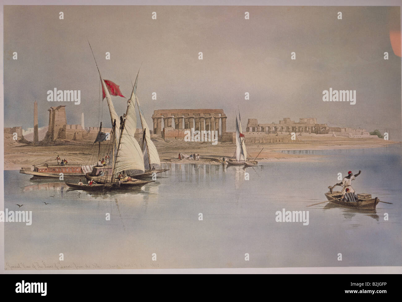 Geographie/Reise, Ägypten, Luxor, Stadtansichten/Stadtansichten, Ruinen von Luxor, farbige lithograph, von David Roberts, Royal Academy, London, England, private Sammlung, Archäologie, bildende Künste, 19. Jahrhundert, Segeln, historisch, historisch, Boot, Boote, segelboot, Segelboote, Segel, Segel, Bank, Nil, Fluss, Fischer, Afrika, Grafik, Grafik, Druck, Drucke, alte Menschen, alte Welt Stockfoto