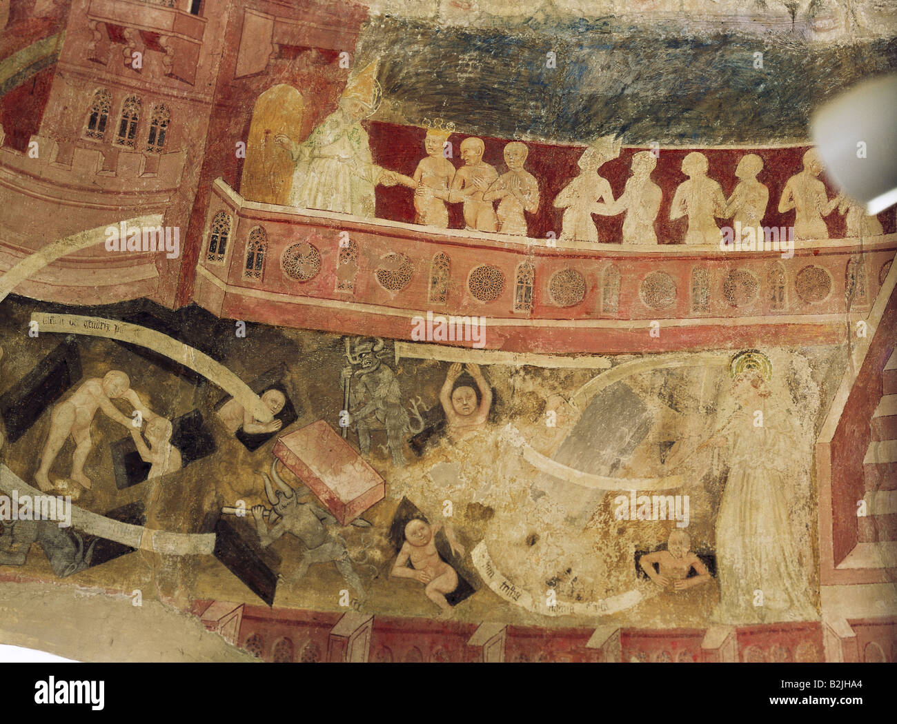 Bildende Kunst, Mittelalter, Wandmalerei, Auferstehung, Fresko, St. George Kirche, Schenna bei Meran, Südtirol, Anfang des 15. Jahrhunderts, Artist's Urheberrecht nicht gelöscht werden Stockfoto