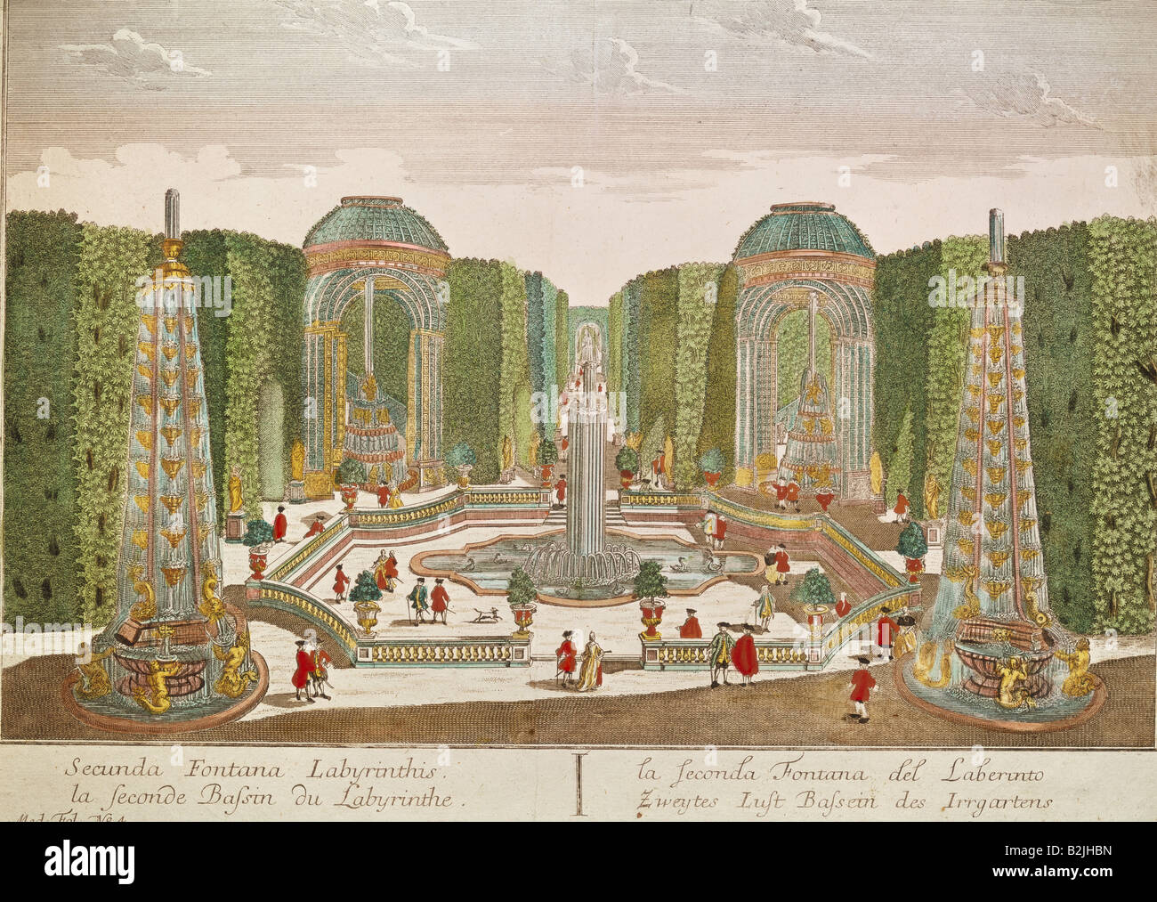 Architektur, Gärten und Parks, Maze, Garten Labyrinth, raree Show picture, Kupferstich, farbig, von Balthasar Probst, 27,5 cm x 42,5 cm, Augsburg, Deutschland, Mitte des 18. Jahrhunderts, München Puppentheatersammlung, Garten, Park, Labyrinthe, Labyrinthe, bildende Kunst, Grafik, Grafik, Druck, Drucken, Brunnen, Brunnen, promenader, Spaziergänger, Menschen, historische, historische, Bilder, Artist's Urheberrecht nicht geklärt zu werden. Stockfoto