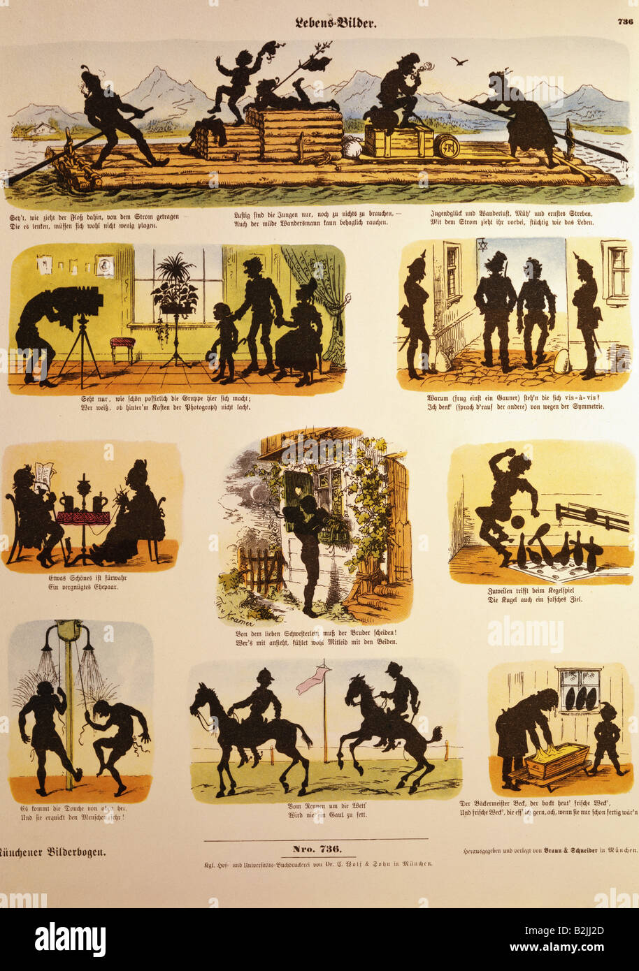 Literatur, Bildblatt, Lebens-Bilder, lithographisch, farbig, 29 x 22 cm, Deutschland, ca. 1850, Privatsammlung, Stockfoto