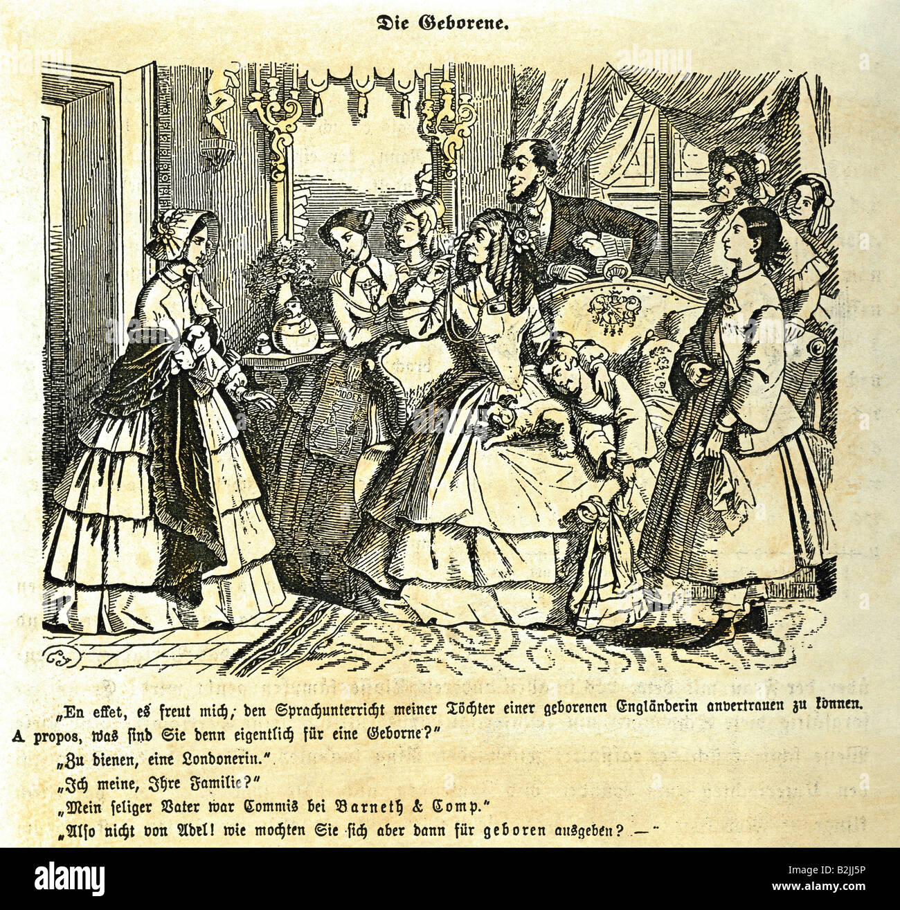 Menschen, Frauen, 19. Jahrhundert 'Die Geborene' (Die 'geborene'), Karikatur, Holzgravur, farbig, von 'fliegende Blaetter', Deutschland, um 1850, Stockfoto