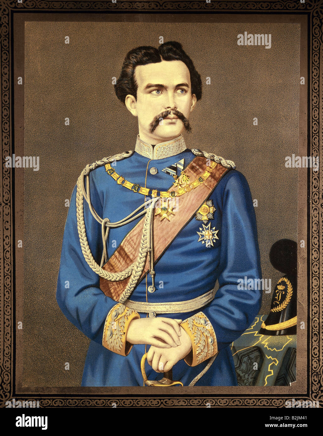 Louis II., 25.8.1845 - 13.6.1886, König von Bayern 10.3.1864 - 13.6.1886, halbe Länge, Farblithograph, E. G. May Verlag, Frankfurt am Main, Ende des 19. Jahrhunderts, Privatsammlung, Stockfoto