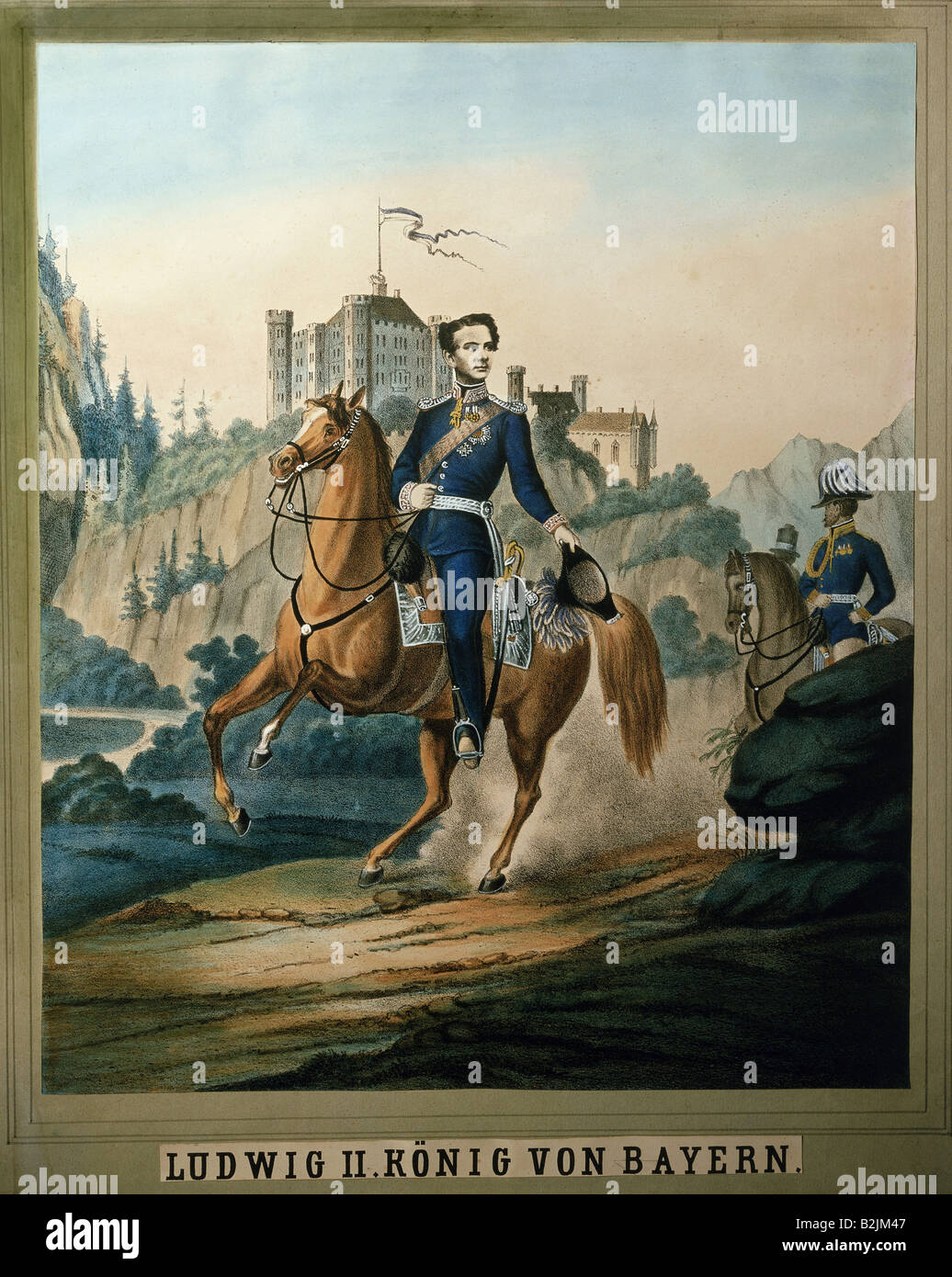 Louis II., 25.8.1845 - 13.6.1886, König von Bayern 10.3.1864 - 13.6.1886, Reiten, Farblithograph, Süddeutschland, Ende des 19. Jahrhunderts, Prien-Museum, Stockfoto