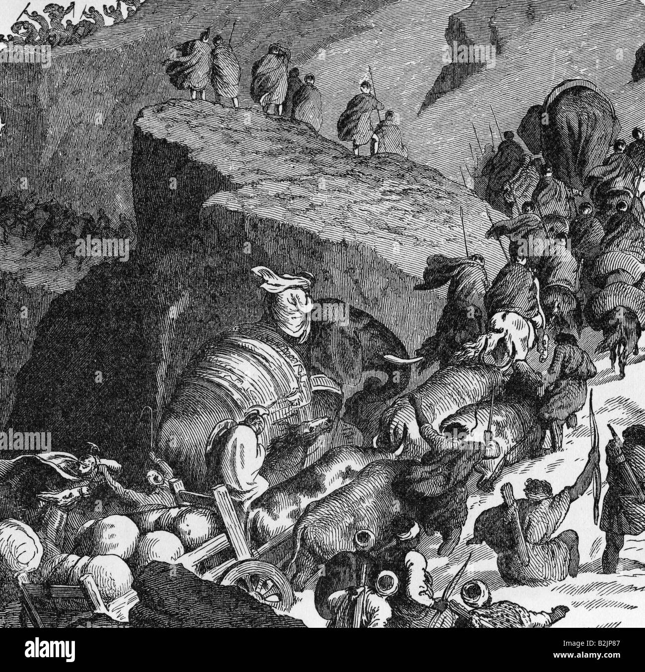 Der zweite Punische Krieg 218 - 201 v. Chr. überquert die karthagische Armee unter Hannibal die Alpen, 218 v. Chr., Holzgravur, 19. Jahrhundert, Stockfoto