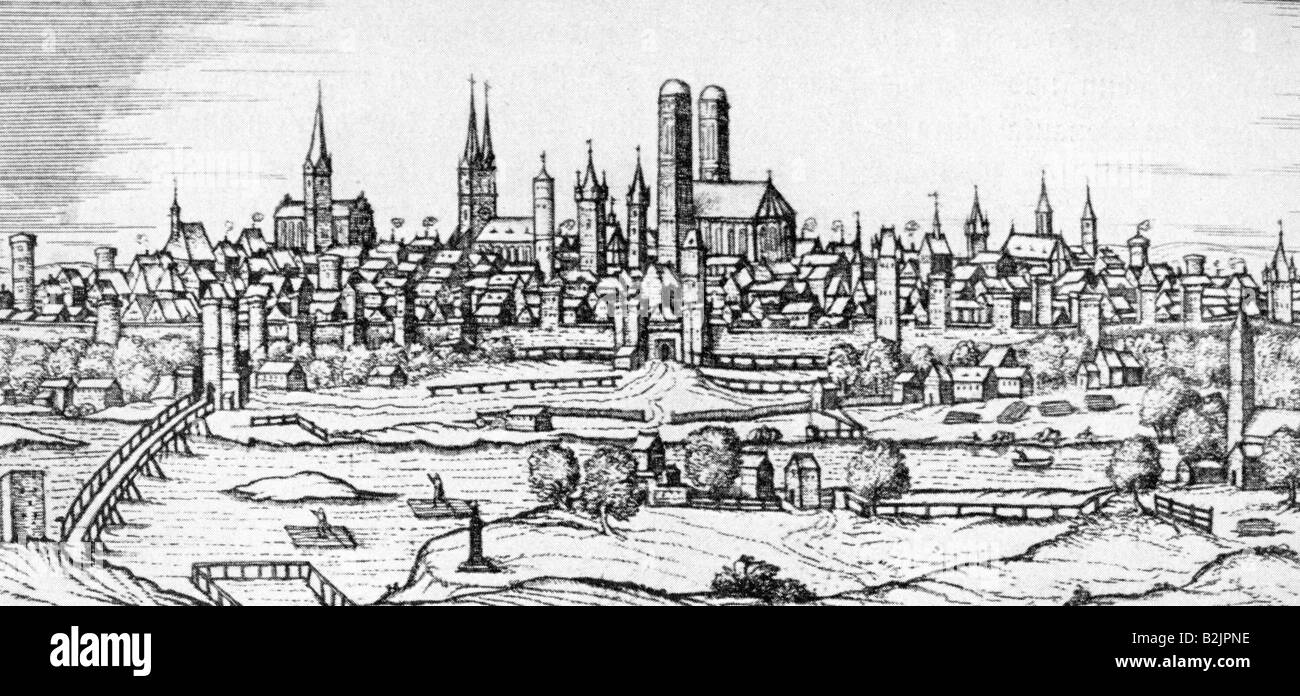Geografie/Reisen, Deutschland, München, Blick von Osten, Holzgravur, 19. Jahrhundert, nach Franz Hogenberg, 1572, Stockfoto