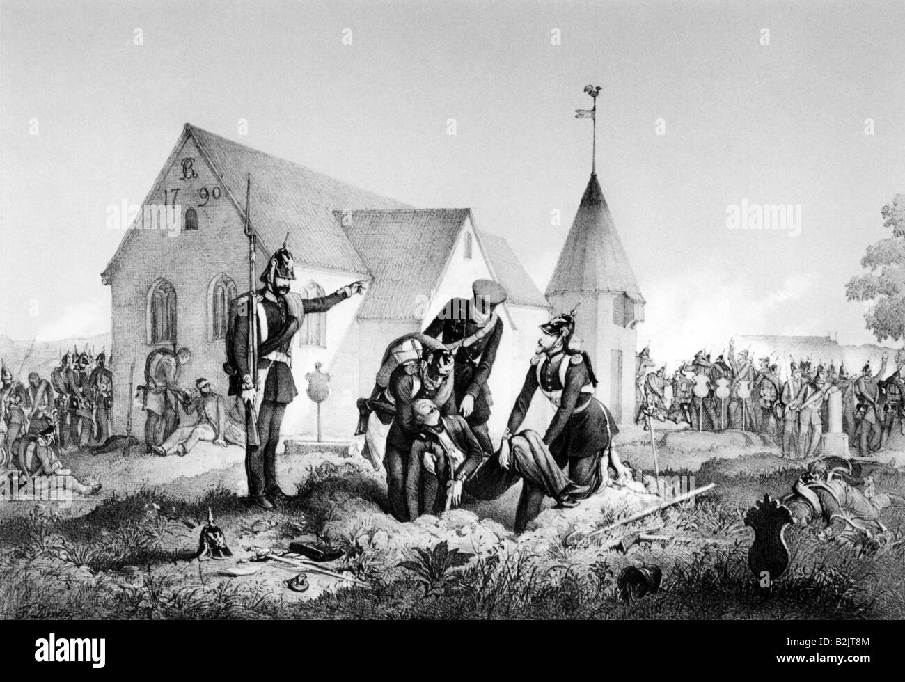 Ereignisse, Erster Schleswig-Holsteinischer Krieg 1848 - 1851, Schlacht bei Dybbol Hoights, 5.6.1848, burschener Leutnant Heinze, preussisches 18. Infanterisches Regiment, lithograph, 19. Jahrhundert, Schleswig-Holstein, Holstein, Preßburg, Militär, Dänemark, Deutschland, historisch, historisch, Menschen, Stockfoto