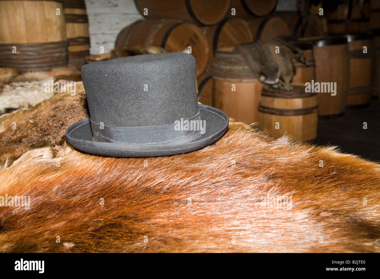 Biber oben Filzhut auf Felle verwendet für den Handel Fort Langley National Historic Site British Columbia Kanada Stockfoto