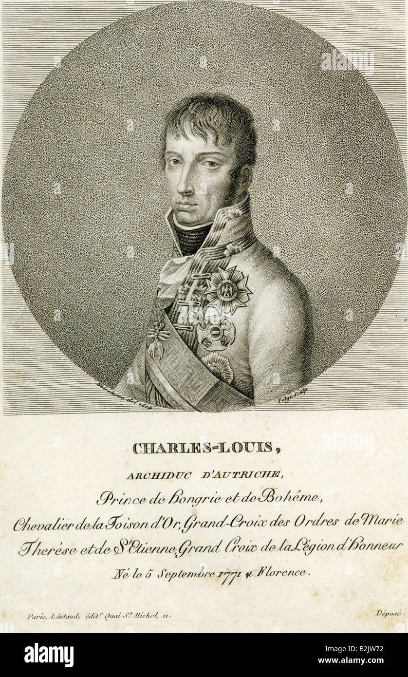 Karl, Erzherzog von Österreich, Herzog von Teschen, 5.9.1771-30.4.1847, militärischer Befehlshaber, halbe Länge, Stahlstich, Paris, Frankreich, 1814, Artist's Urheberrecht nicht gelöscht werden Stockfoto