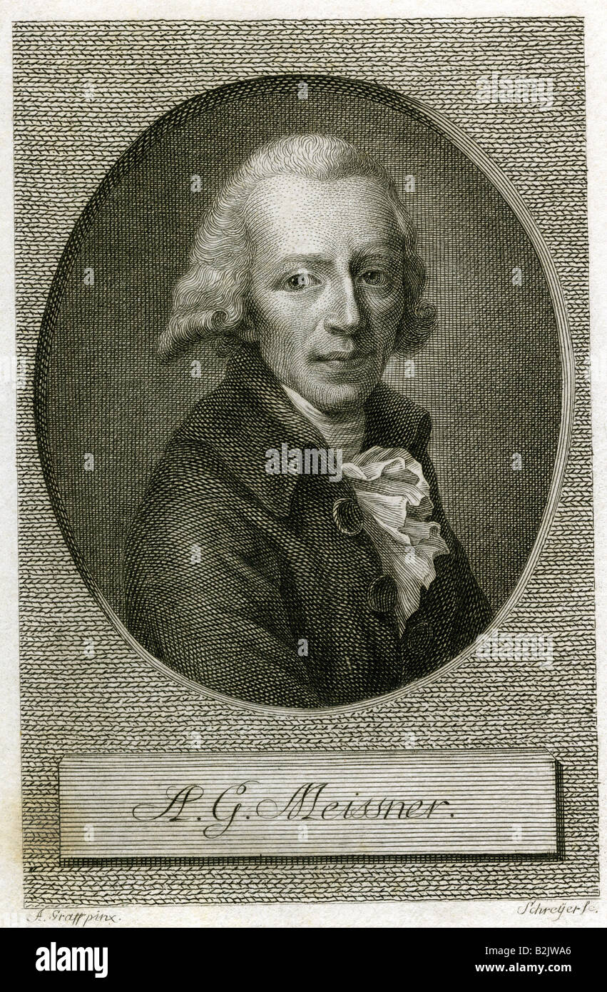 Meissner, August Gottlieb, 3.11.1753 - 18.2.1807, deutscher Autor/Verfasser, Kupferstich, von Schreyer, basierend auf einem Gemälde von Anton Graff (1736-1813), Deutschland, Anfang des 19. Jahrhunderts, Artist's Urheberrecht nicht gelöscht werden Stockfoto