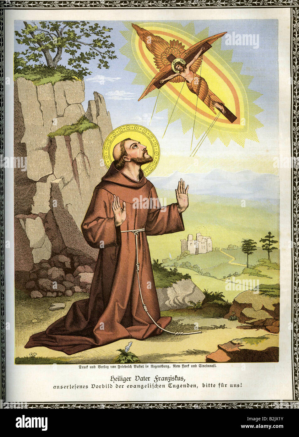 Franziskus von Assisi, ca. 1181 - 3.10.1226, italienischer Geistlicher, Heiliger, Vision Jesu Christi, Farblithograph, Regensburg, 1888, Stockfoto