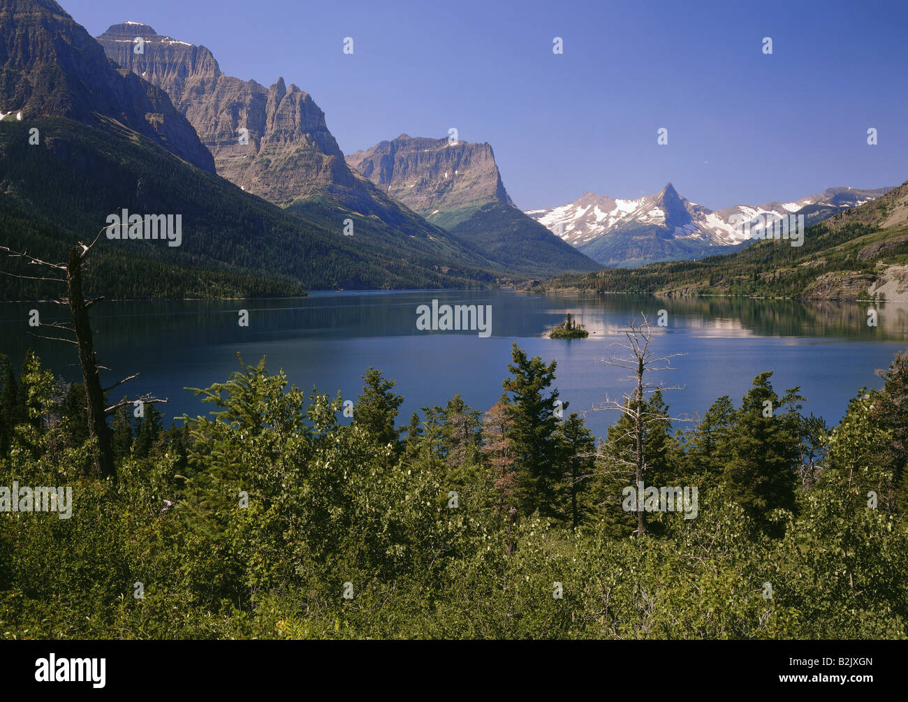 Geographie/Reisen, USA, Montana, Landschaften, Glacier National Park, St. Mary Lake mit Wild Goose Island, Chief Mountain, Citadelle Berg und Knallen Berg, Additional-Rights - Clearance-Info - Not-Available Stockfoto