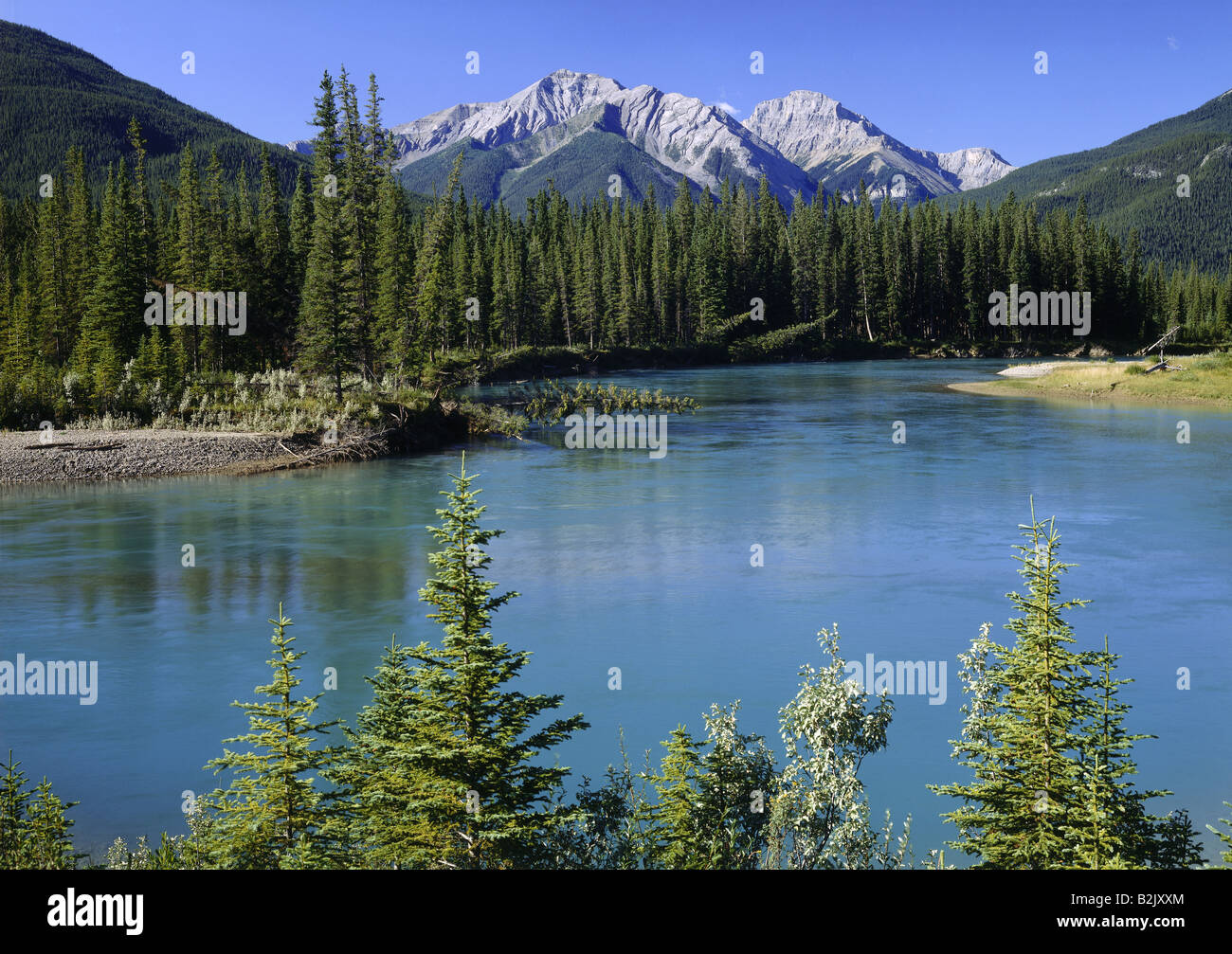 Geographie/Reisen, Kanada, Alberta, Landschaften, Banff Nationalpark, Bow River und Pilot Mountain, Additional-Rights - Clearance-Info - Not-Available Stockfoto