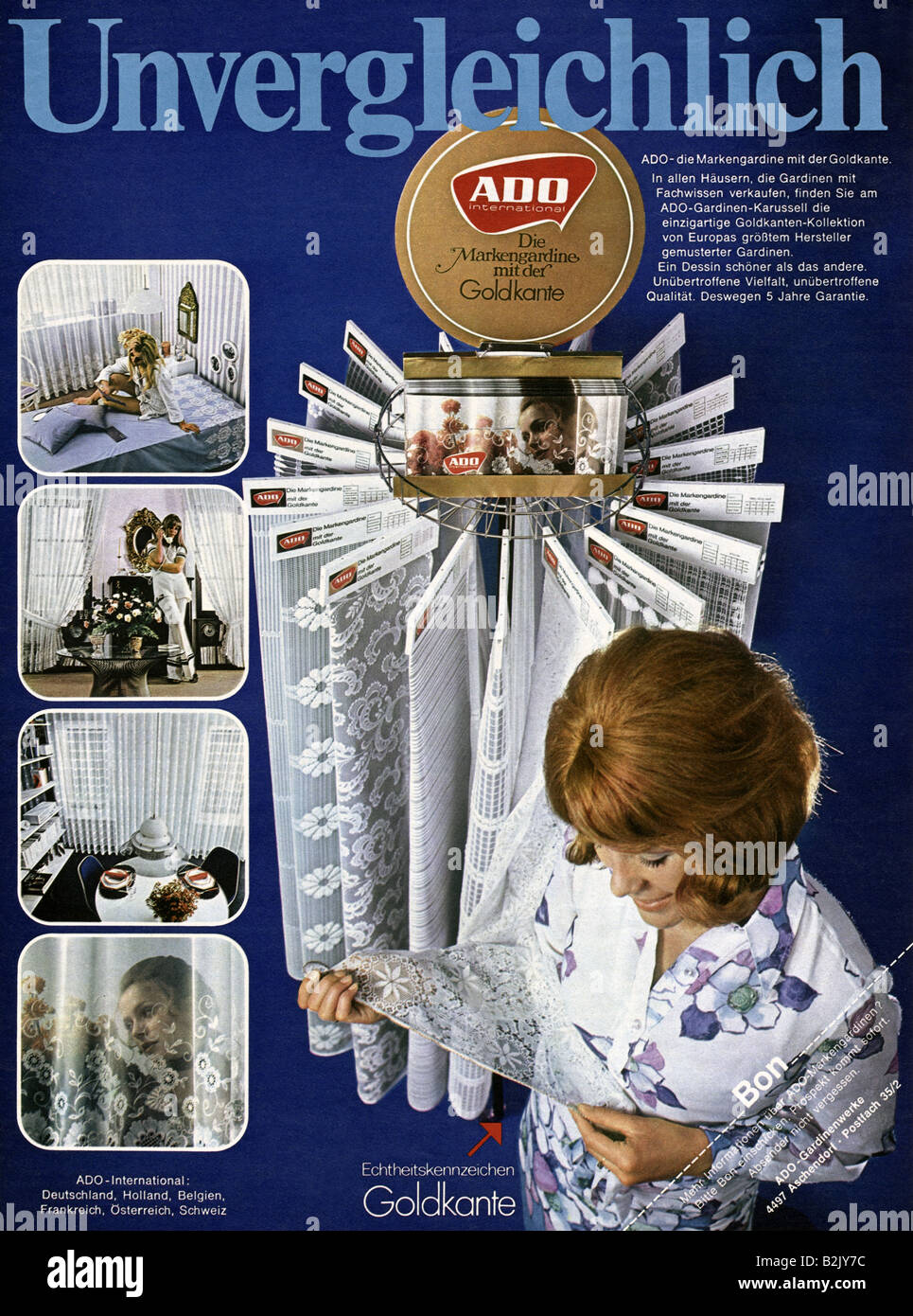 Werbung, Textil, ADO-Netzvorhang mit goldenem Rand, Werbung, 1970  Stockfotografie - Alamy
