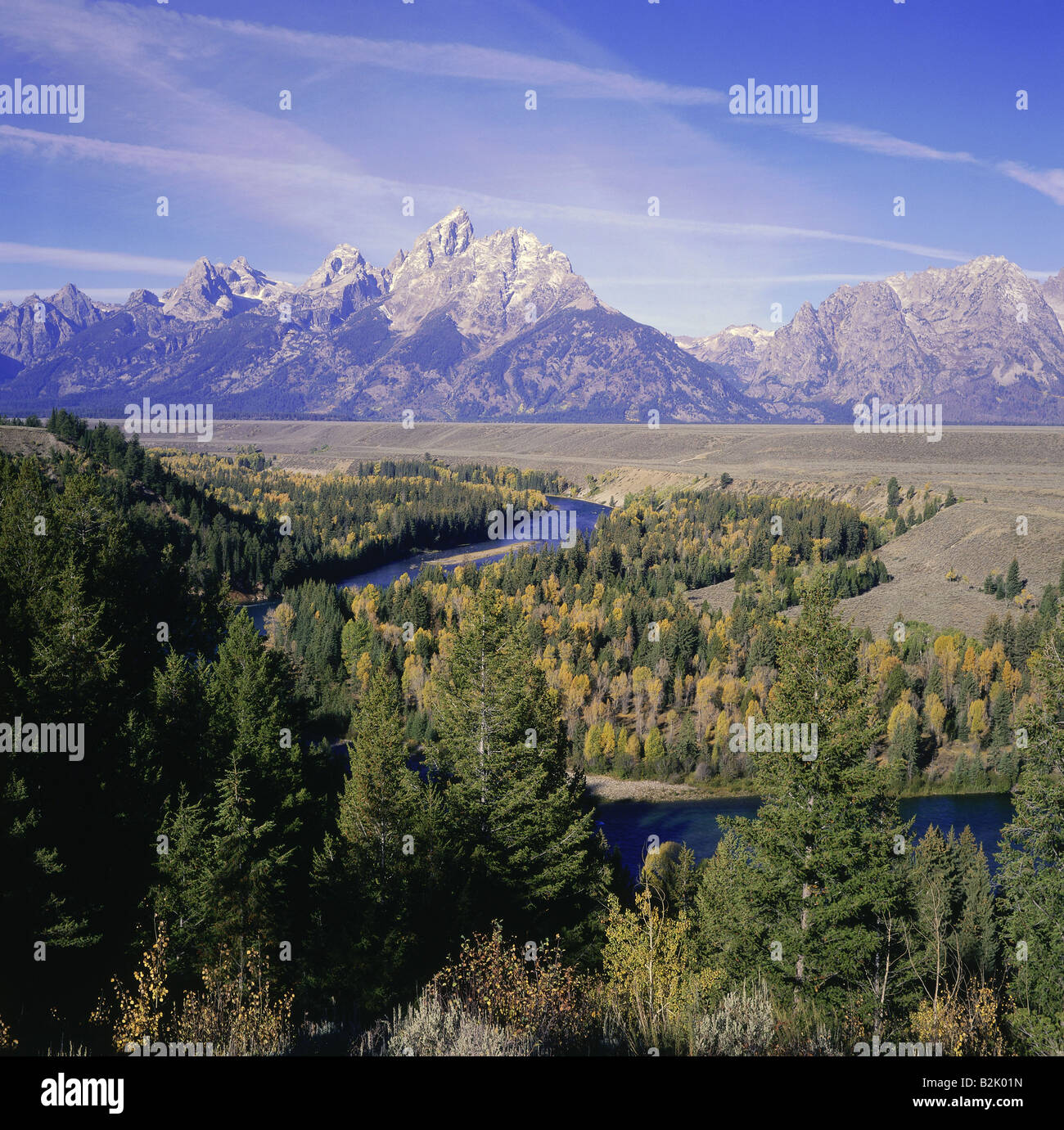 Geographie/Reisen, USA, Wyoming, Landschaften, Grand Teton National Park, Blick von der Snake River blicken auf Grand Teton Bergkette und Snake River, Additional-Rights - Clearance-Info - Not-Available Stockfoto