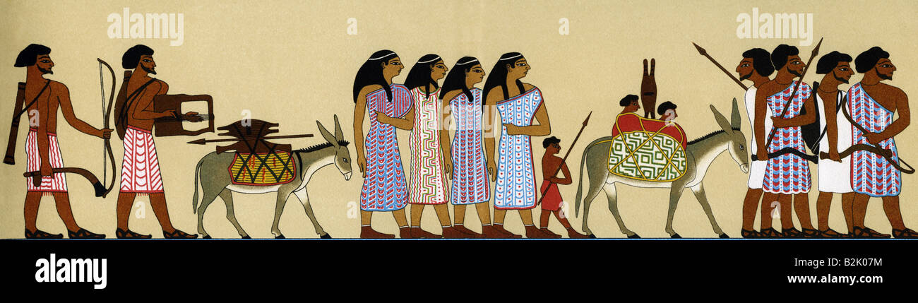 Geographie/Reise, Ägypten, Menschen, wandernde Semite-Nomaden, Farblithograph nach Wandgemälde, Grab von Khnumhotep, Beni Hassan, um 1900 v. Chr., 12. Dynastie, Einwanderer, Asiaten, Kleidung, Esel, Tiere, Mittleres Königreich, Gepäck, alte Welt, Antike, historische, historische, alte Welt, Stockfoto