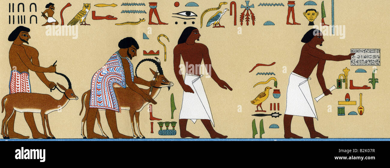 Geographie/Reisen, Ägypten, Menschen, Beamte, königlicher kommissar Neferhotep (rechts), ranghoher Jagdmeister Aktoe (Mitte) und zwei Asiaten, Farblithograph nach Wandgemälde, Grab von Khnumhotep, Beni Hassan, ca. 1900 v. Chr., 12. Dynastie, Einwanderer, Tiere, Ziege, Mittelreich, Antike, Antike, historische, historische, alte Welt, Stockfoto