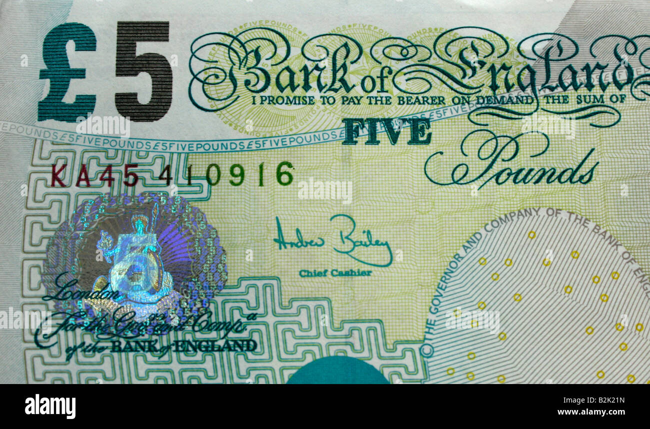 Bestandteil einer Sterling £5-Pfund-Note in Nahaufnahme Stockfoto