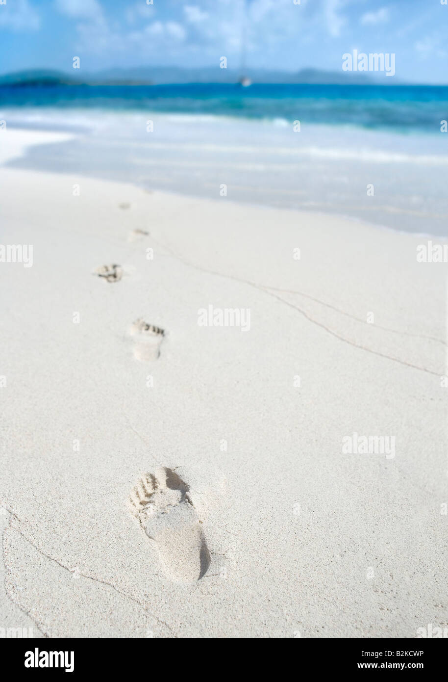 Fußabdrücke auf einem sonnigen tropischen Strand in der Karibik Stockfoto