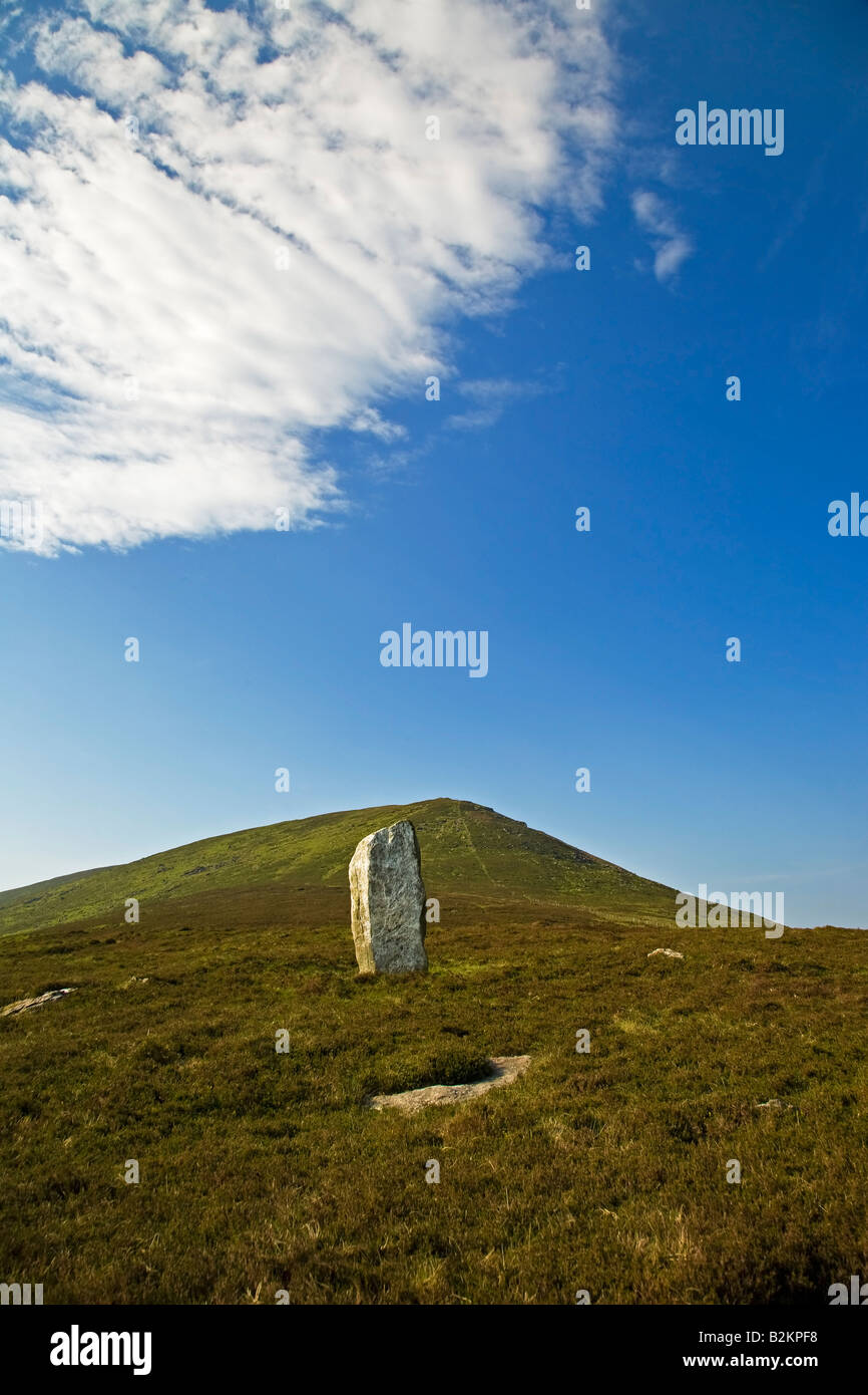 Standing Stone unter Seefin Berg, Monavullagh Berge, Grafschaft Waterford, Irland Stockfoto