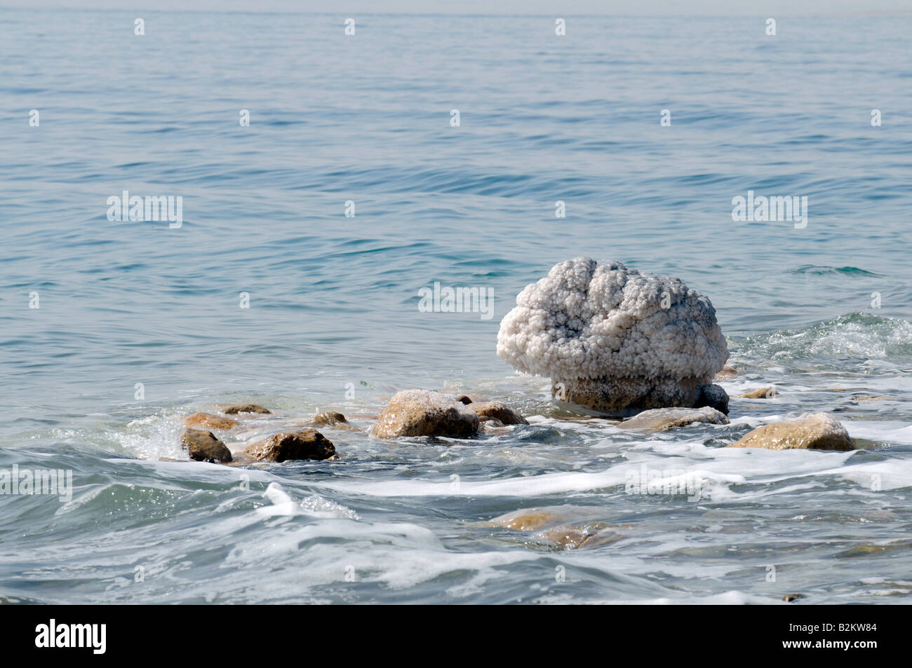 Nahaufnahme eines Salz-verkrusteten Felsen am Ufer des Toten Meeres. Stockfoto