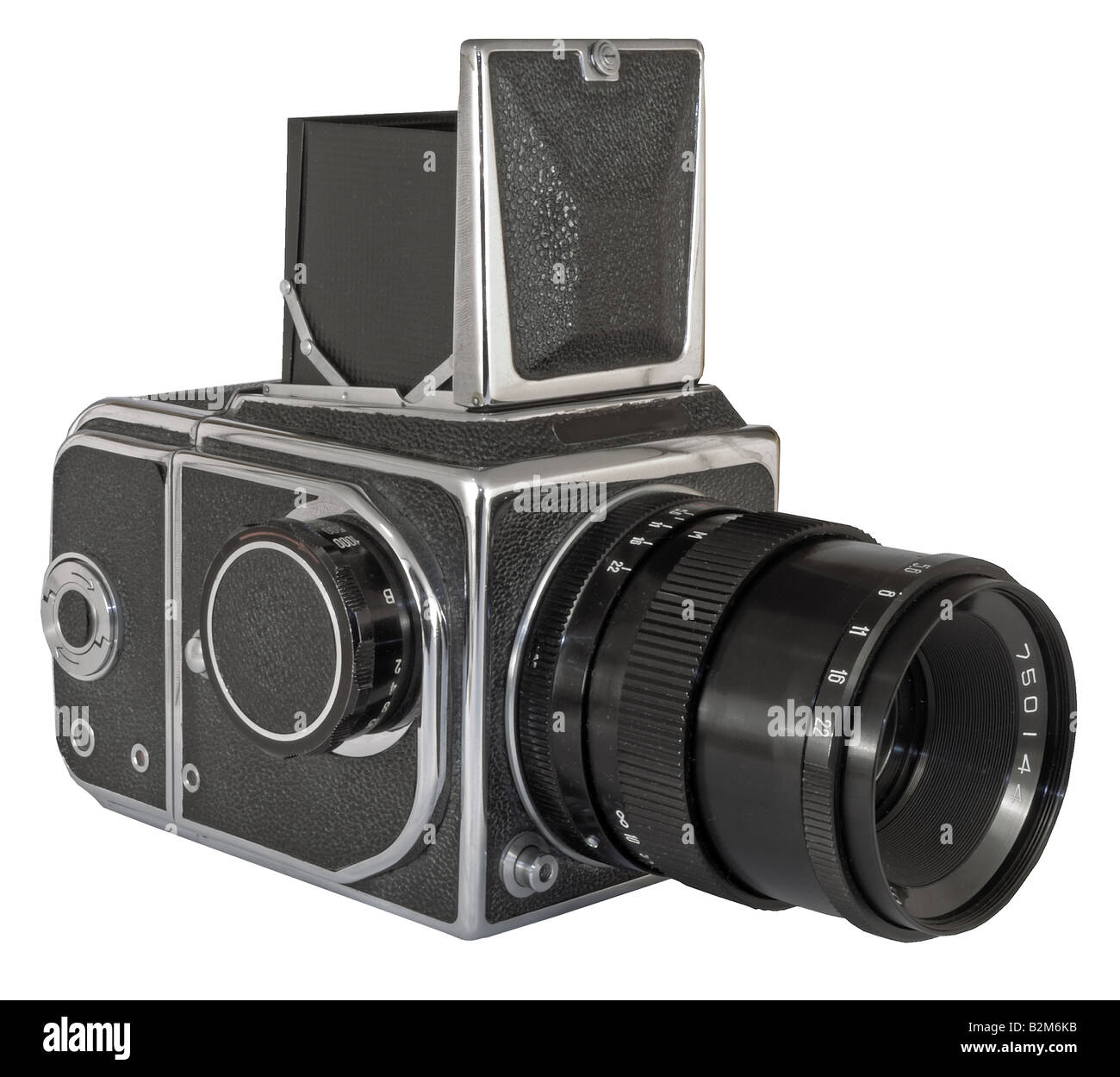 Alte Fotokamera mit Objektiv hautnah Stockfoto