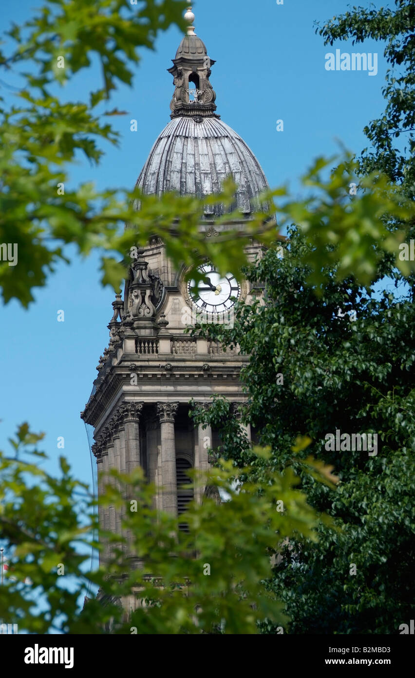 Leeds Rathaus Glockenturm gesehen jenseits Laub Stockfoto