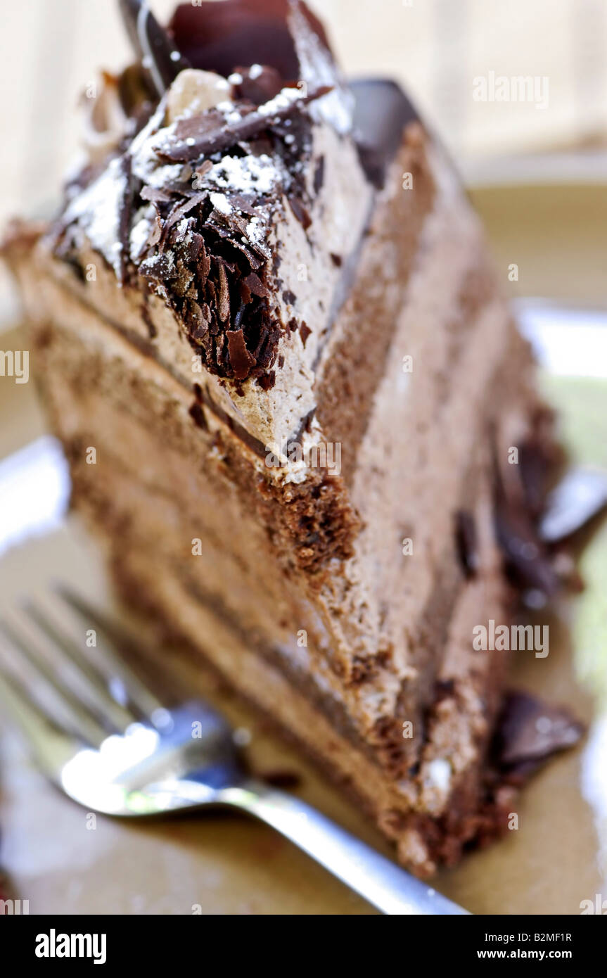 Mousse au Chocolat Kuchen auf dem Silbertablett serviert Stockfoto