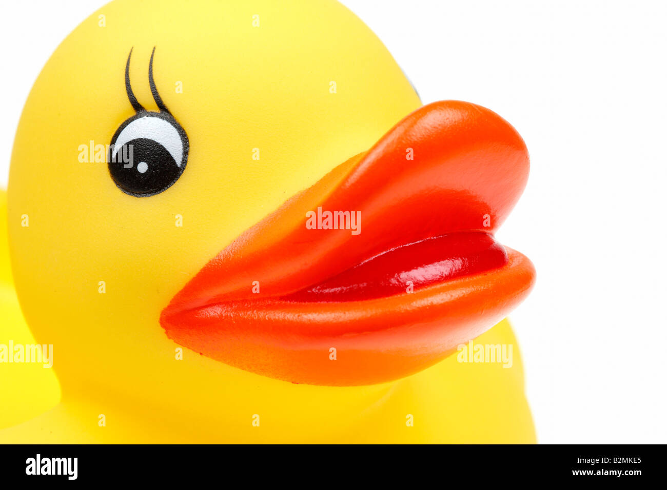 kleine gelbe Kunststoff-Ente auf einem weißen Hintergrund isoliert Stockfoto