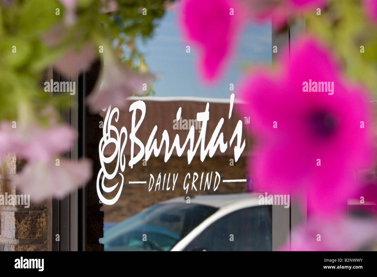 Das Logo auf der vorderen Tür des Baristas Daily Grind in Kearney, Nebraska Stockfoto