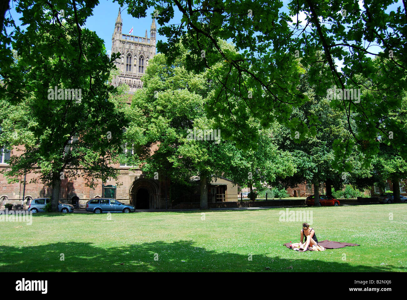 Kathedrale von Worcester College Green, Worcester, Worcestershire, England, Vereinigtes Königreich Stockfoto