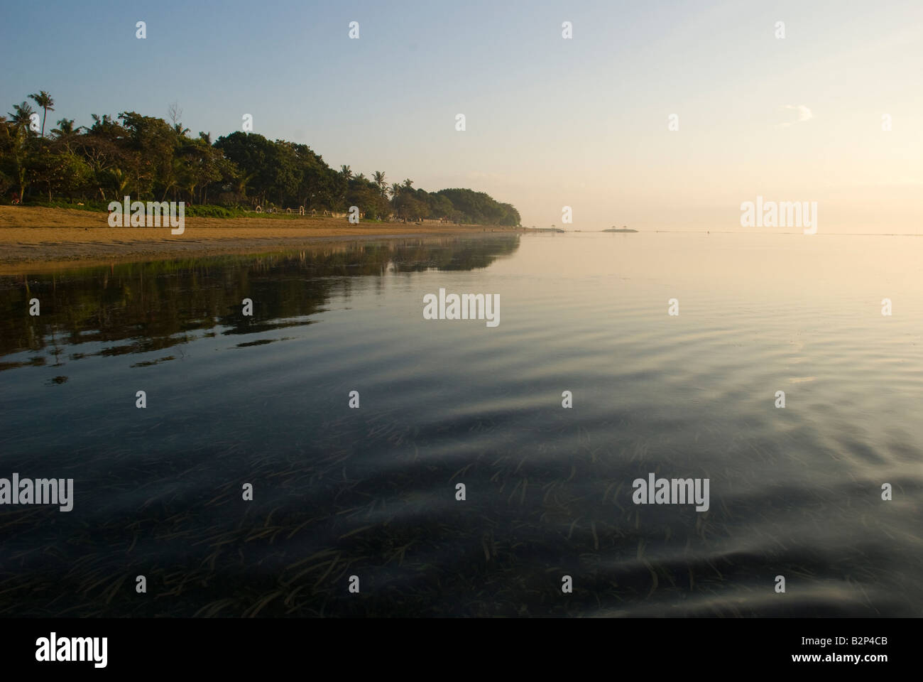 Bali Indonesien Strand Resort Meer Ozean ripple Sunrise Insel Palm Tree Reflexion Himmelblau üppigen perfekt reef noch Algen sand Stockfoto