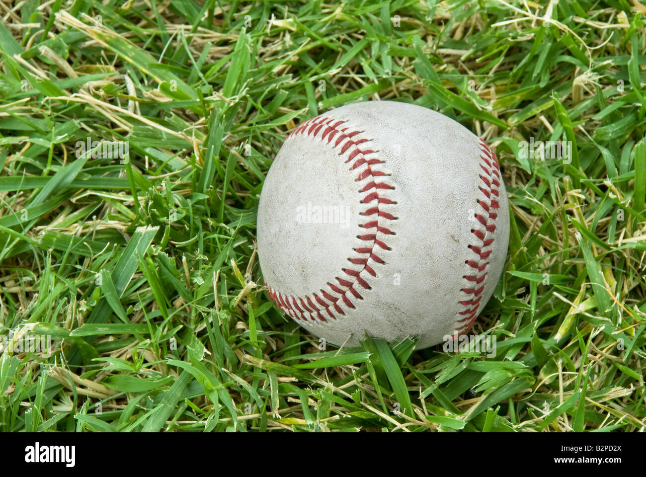 Ein Baseball liegt in der Wiese während eines Spiels Stockfoto