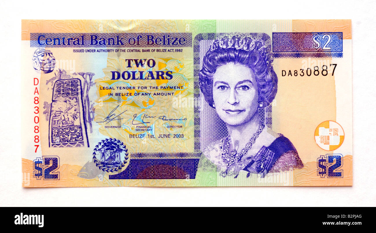 Belize 2 zwei-Dollar-Banknote Stockfoto