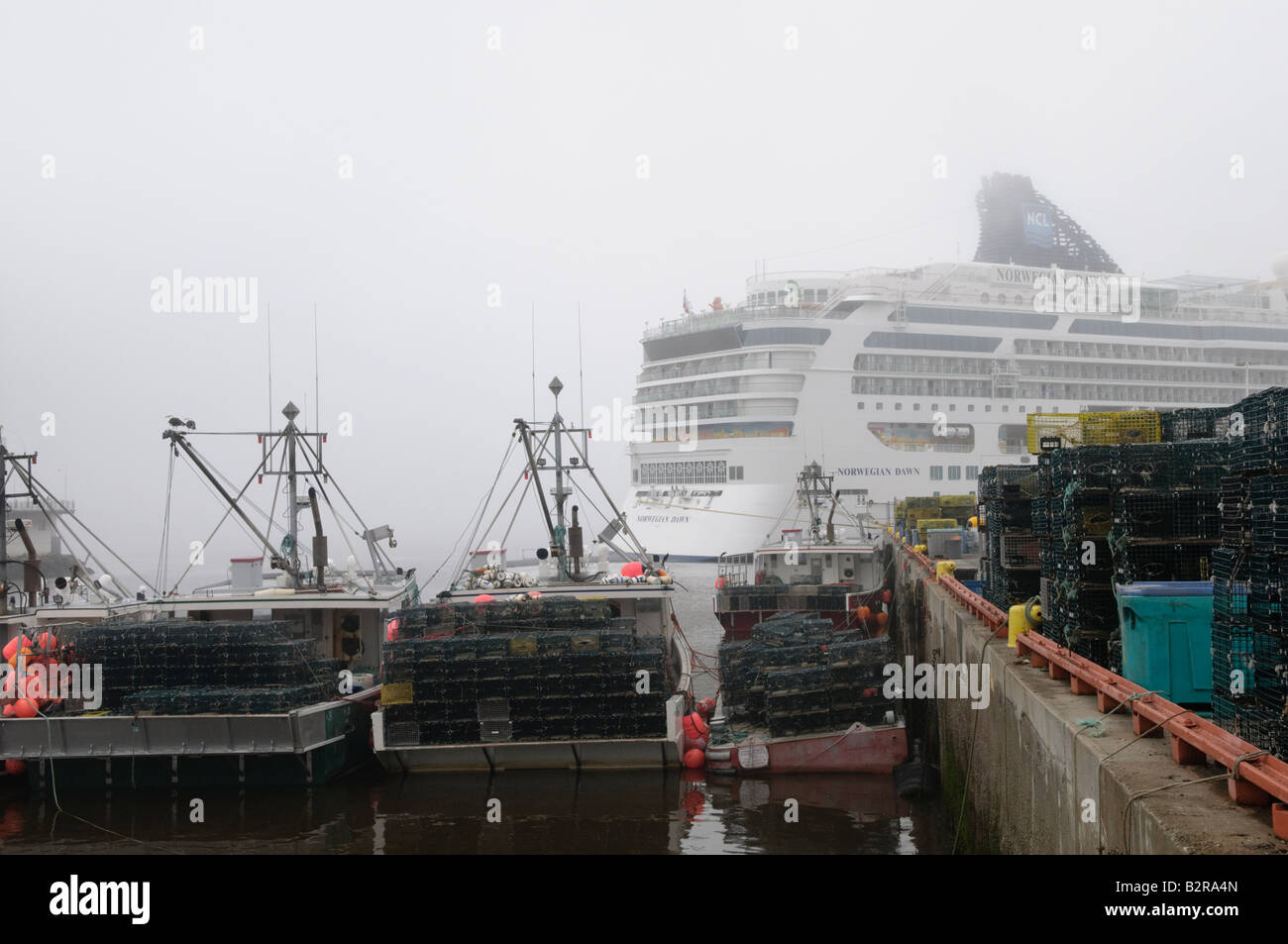 Norwegian Dawn Kreuzfahrtschiff mit Hummerfallen am Hafen von Saint John an einem nebeligen Sommertag Stockfoto