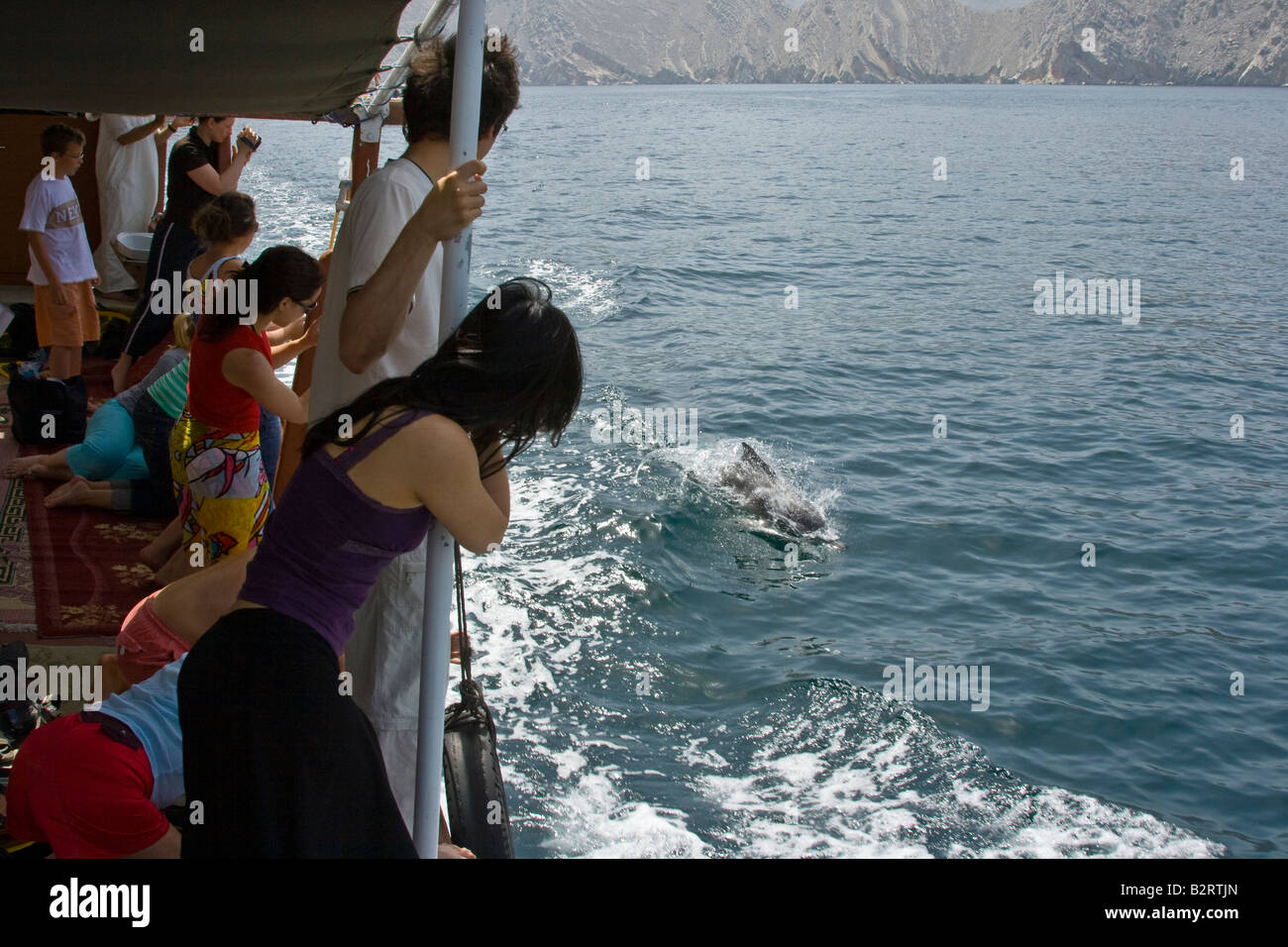 Touristen Delfine zu beobachten, während eine ganztägige Bootstour auf der Halbinsel Musandam im Oman Stockfoto