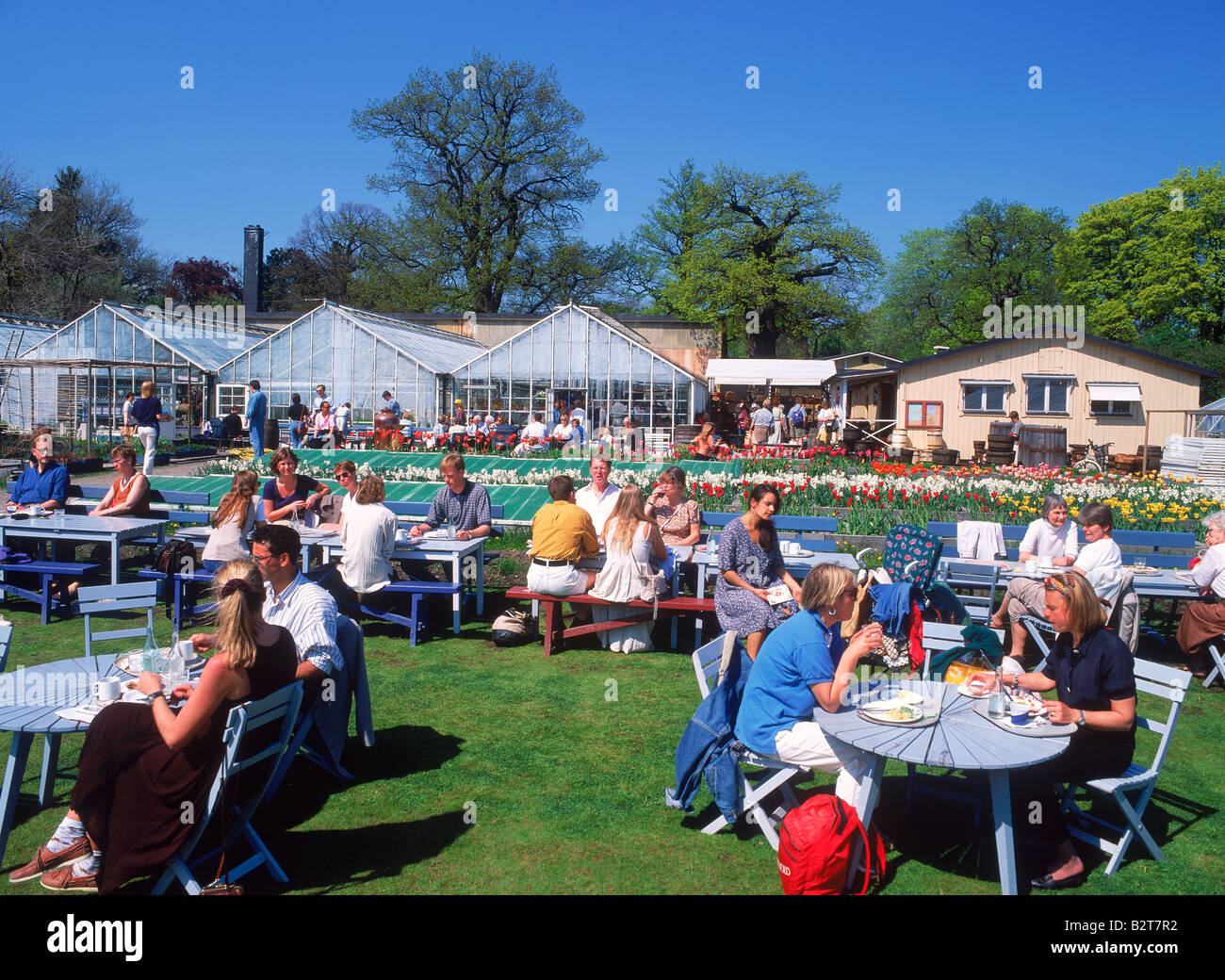 Personen an Tischen genießen Essen und Blumen in Rosendal Gardens in Stockholm Stockfoto