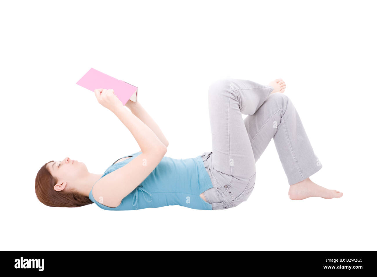 Junge Frau Buch isoliert auf weißem Hintergrund Stockfoto