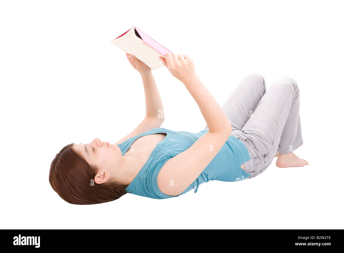 Junge Frau Buch isoliert auf weißem Hintergrund Stockfoto