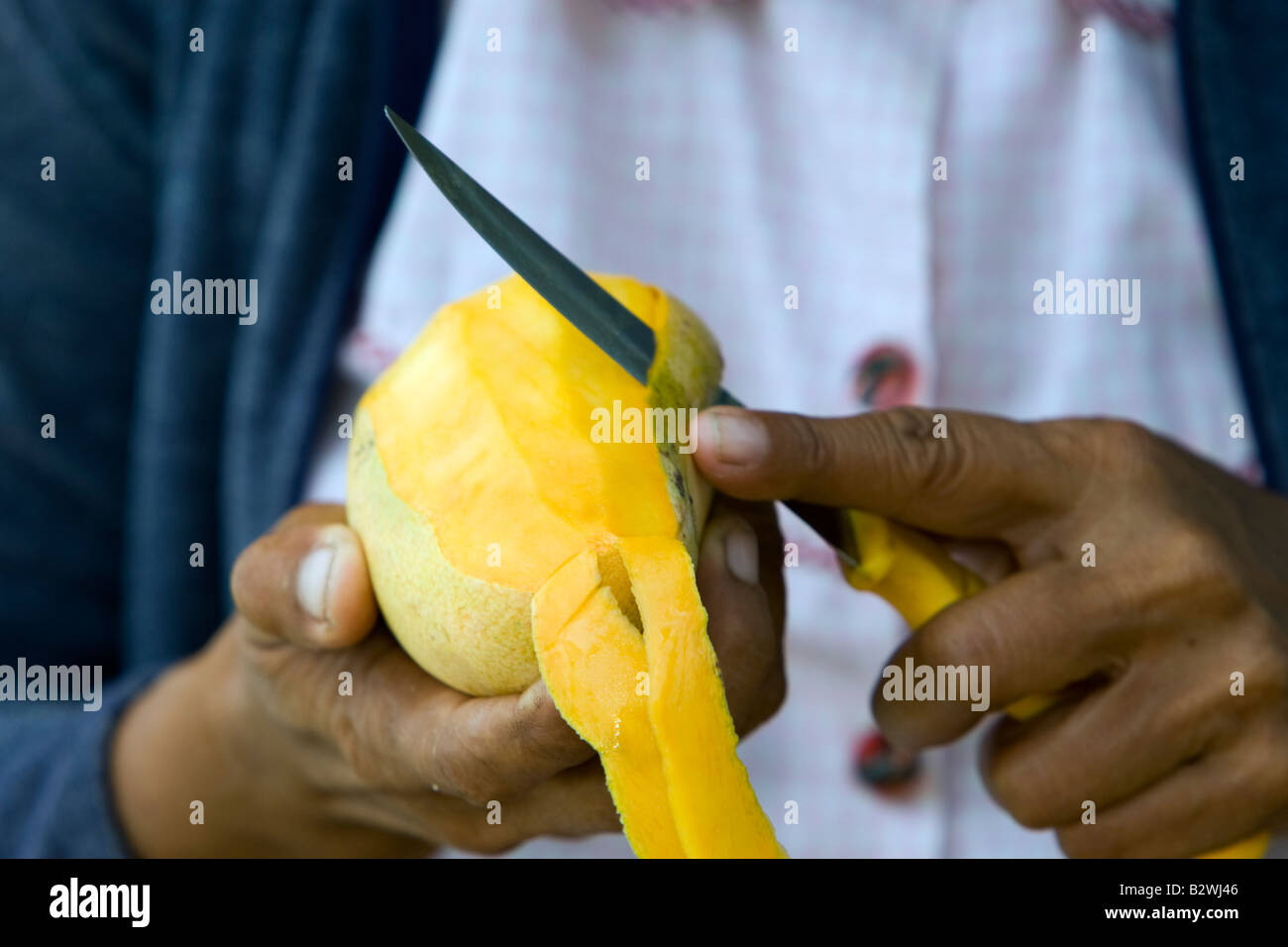 Konische Hut Frau tropischen Obstverkäufer bereitet Mango Stück Snack Long Beach Phu Quoc Island Vietnam Stockfoto