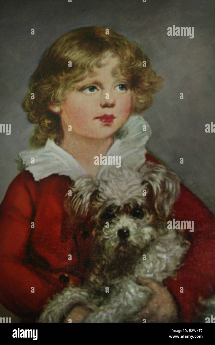 Porträtmalerei der ein kleines Kind mit goldenen Haaren im roten Mantel hält einen kleinen weißen Hund getan in den frühen 40er Jahren Stockfoto