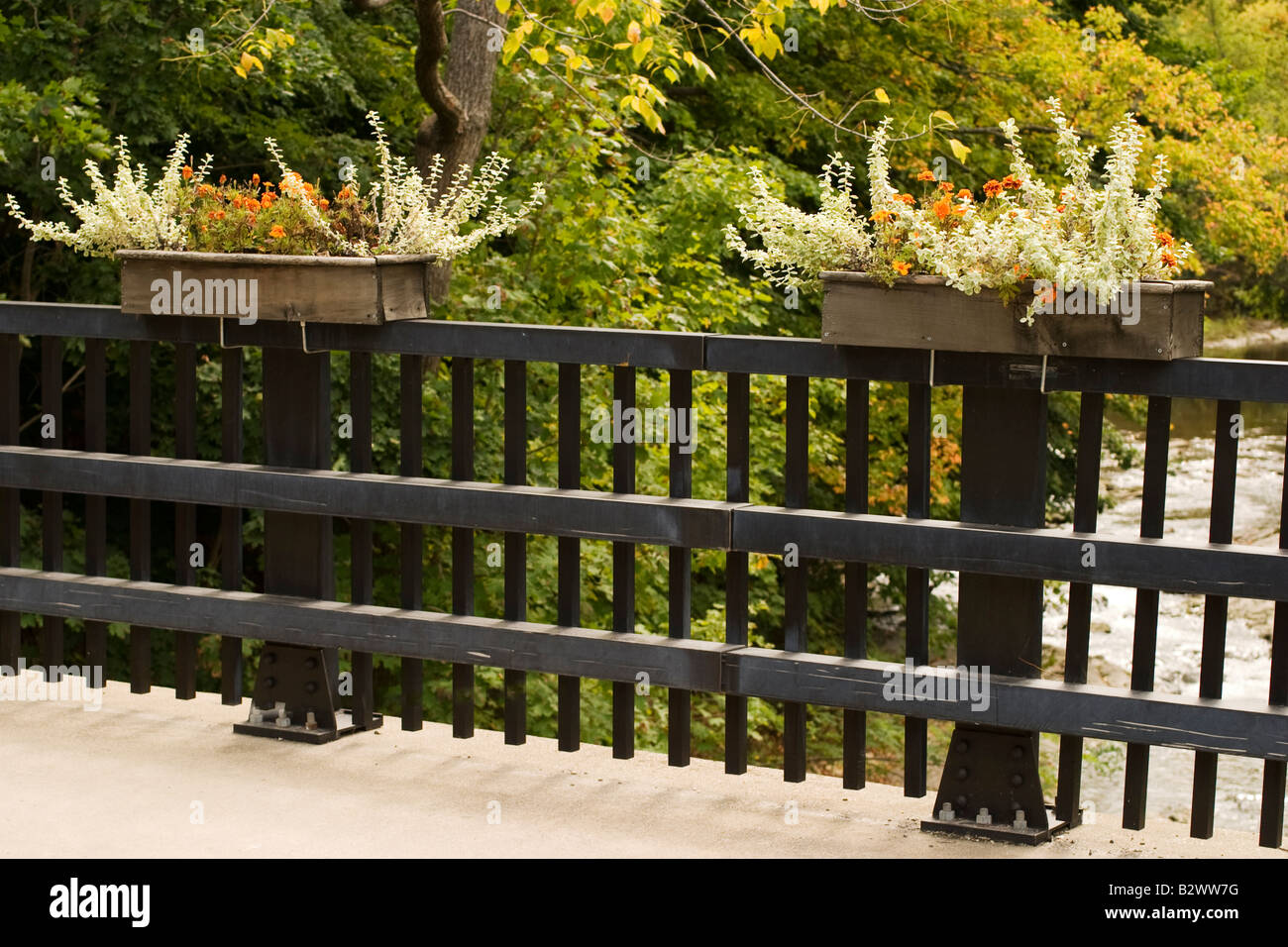 Blumenkästen schmücken eine Brücke in Williamstown Massachusetts Komplimente der lokalen Garten club Stockfoto