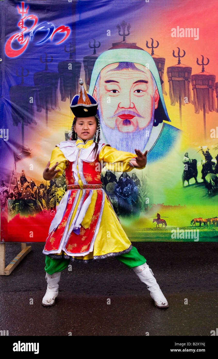 Woche das Naadam-Fest feiert das 800. Jubiläum oder der mongolischen Staat. Traditionelle Tänzer, Mongolei, Asien Stockfoto