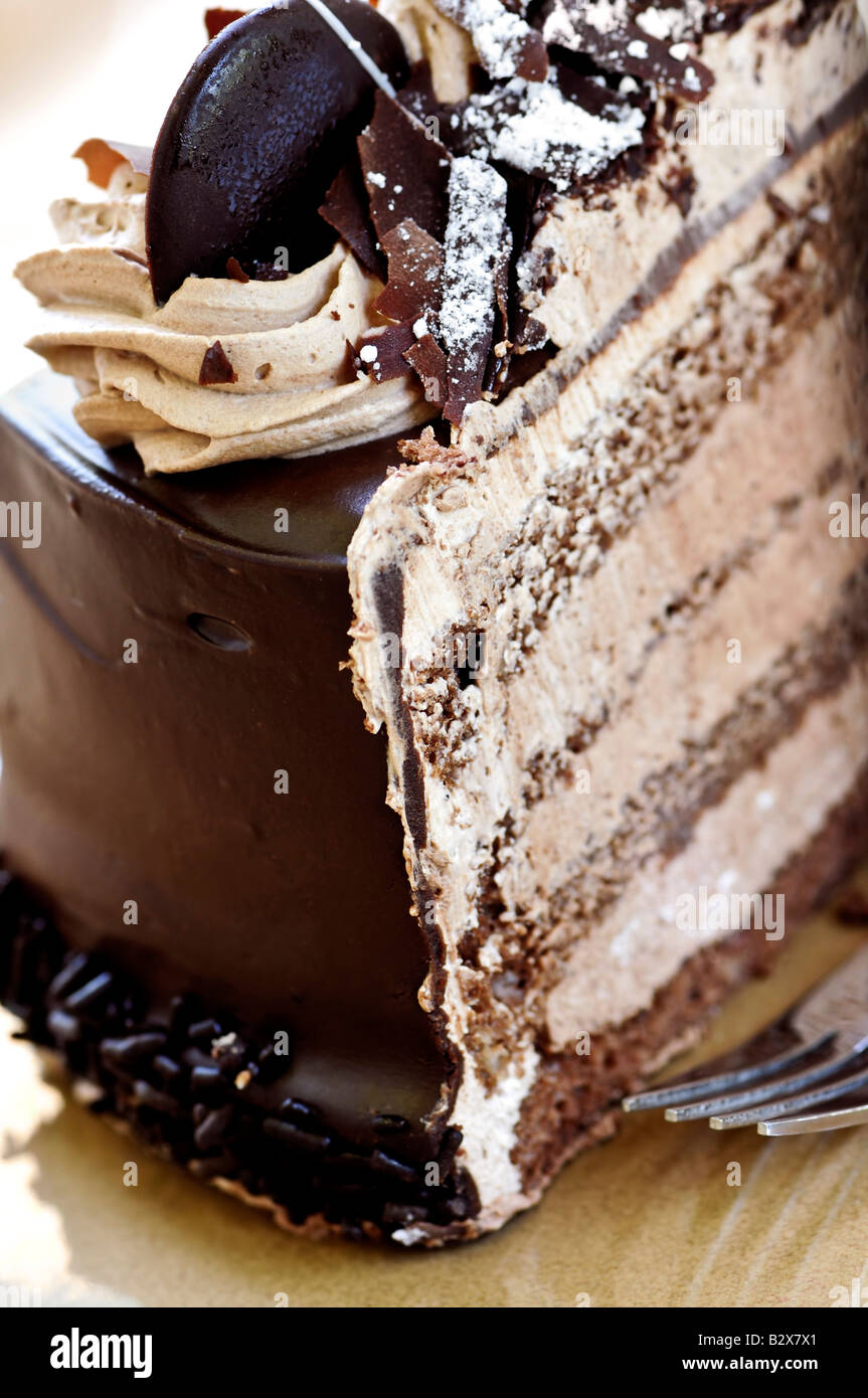 Mousse au Chocolat Kuchen auf dem Silbertablett serviert Stockfoto