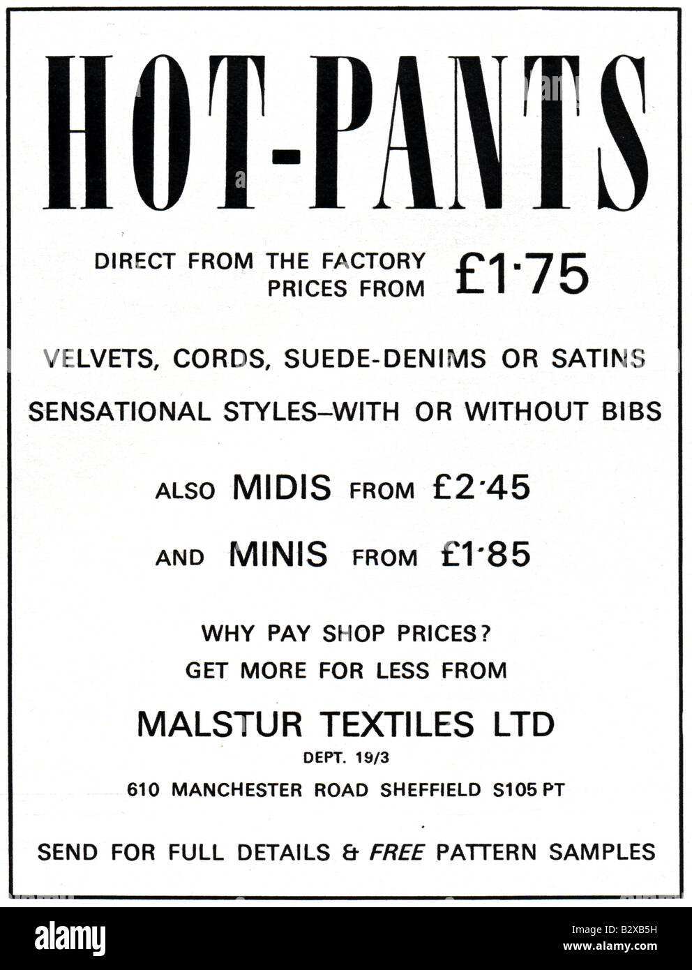 1971-Werbung für Hot Pants Hotpants. NUR ZU REDAKTIONELLEN ZWECKEN Stockfoto