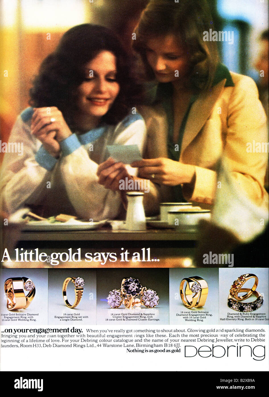 1975-Werbung für Goldschmuck aus Debring Juweliere. NUR ZU REDAKTIONELLEN ZWECKEN Stockfoto